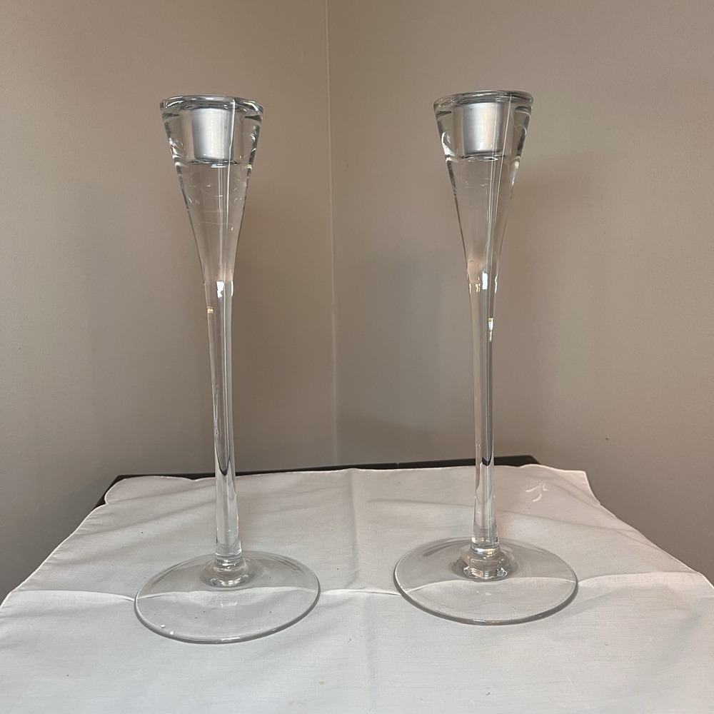 Set Of 2 Hand blown Glass Candle Stick Holders 11" Tall Clear Modern
